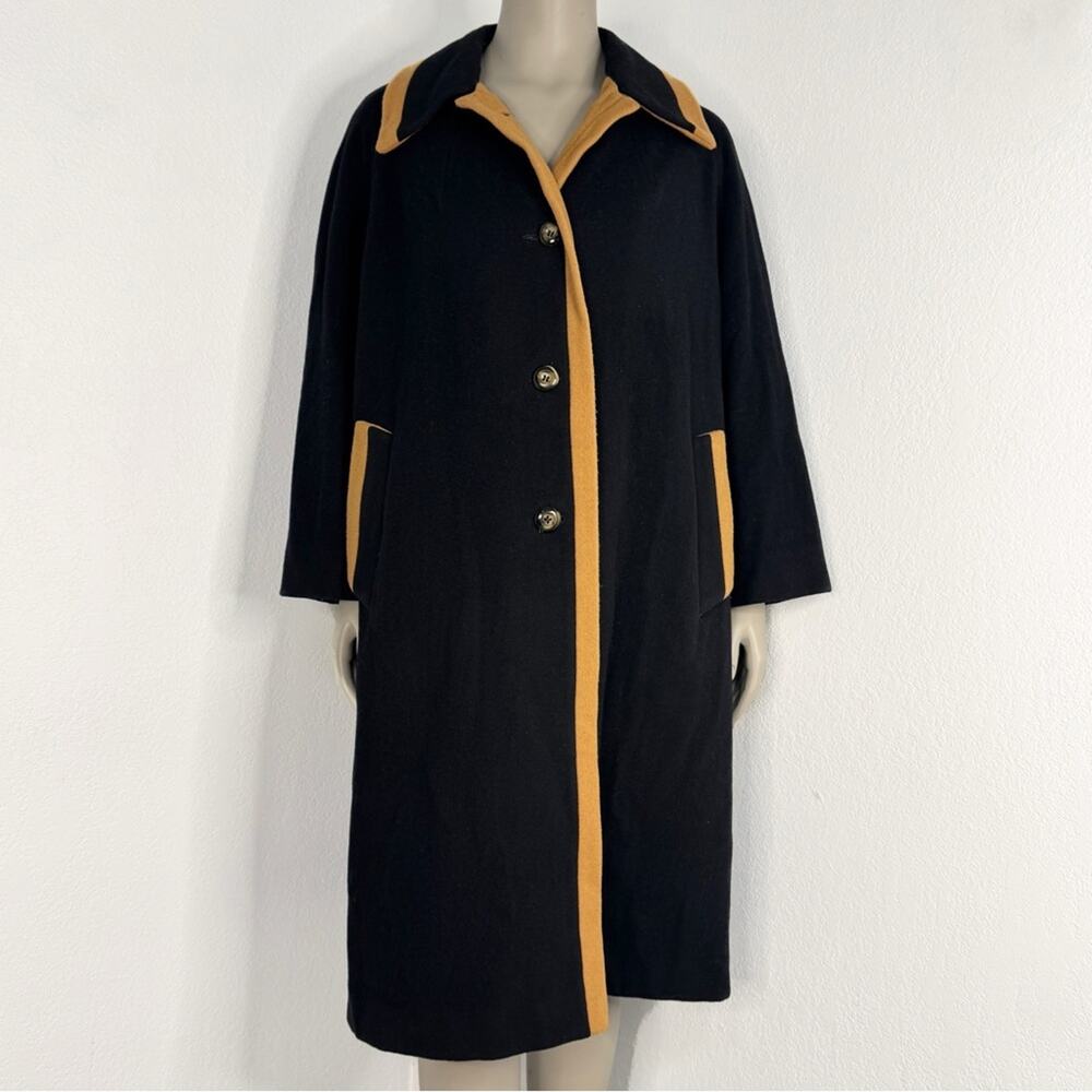 Vintage 60s Sears Fashions Wool Swing Coat Mod Contrast Trim Car Black Tan